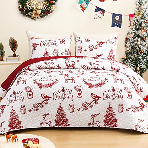 Exclusivo Mezcla Christmas Quilts Queen Size, Red Reversible Bedspread Lightweight Coverlet Winter Quilt Bedding Set with Printed Trees Reindeer Wreaths Pattern (1 Quilt, 2 Pillow Shams)
