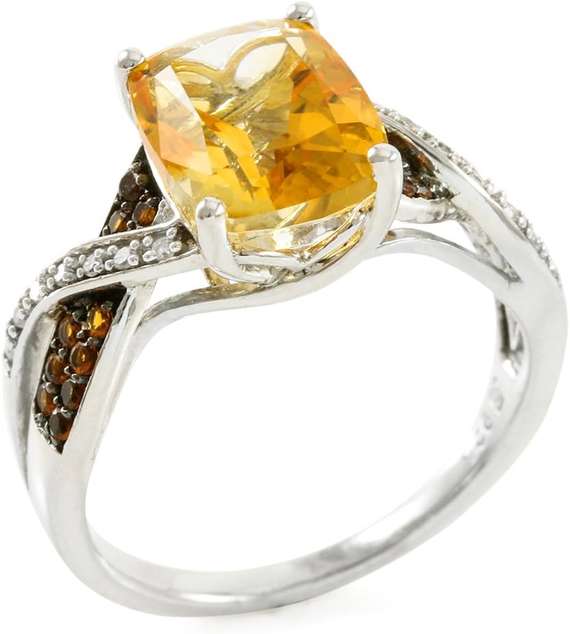 Sterling Silver Natural Citrine & Round Genuine Diamond Women's Ring, Size 7