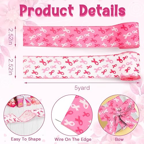 Miniatura 2 de Threetols 2 rollos de 10 yardas de cinta con alambre para concientización sobre el cáncer de mama, cinta rosa y blanca de 2.5 pulgadas, cinta de