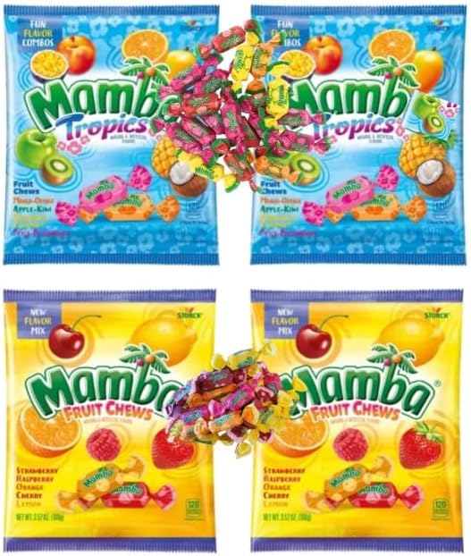 Mambaa Fruit Chews & Tropics Assorted Candy Assorted Candy - Chewy candy that is Full of Great Flavors, Individually Wrapped and Fresh! 3.52oz Bags - 4 packaged by Leathnu Foundry