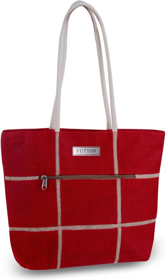 Designs Fine-Jute Premium Tote Shoulder Handbag with large square patches