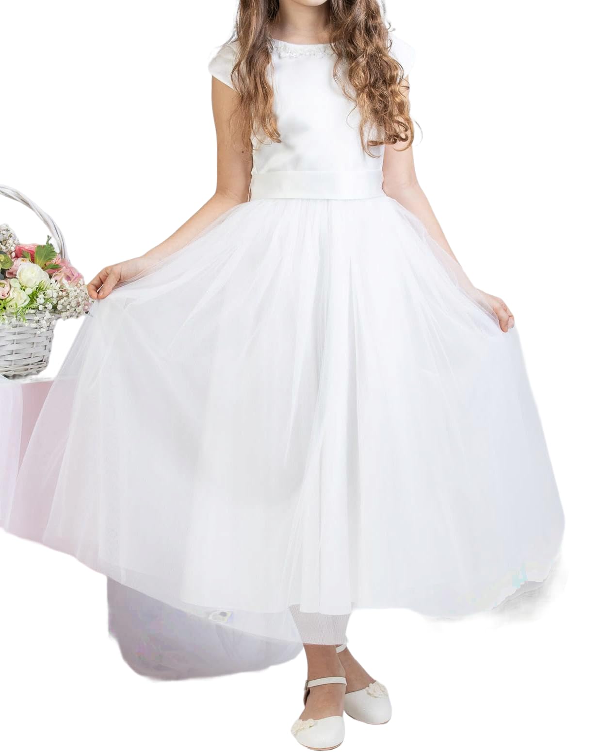 Zoya Festliches Tüllkleid für Mädchen Ida mit Schleife und Glitzersteinen Kommunionkleid für Hochzeit Kommunion Taufe