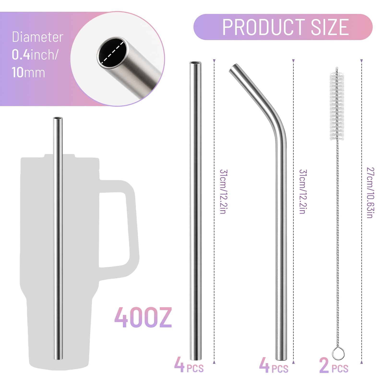 8Pcs Stainless Steel Replacement Straw for Stanley Cap Straw Brush Easy to Clean Water Bottle Straws, Reusable Straws - Image 2