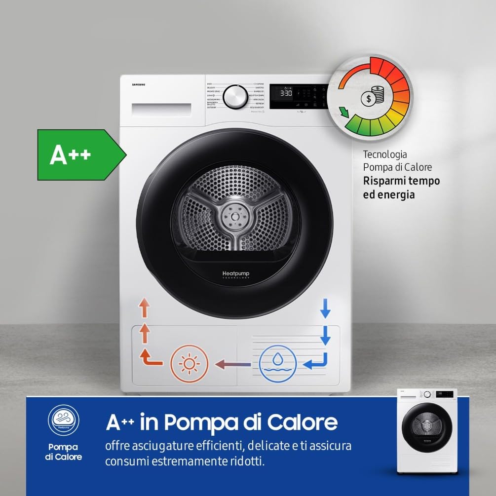 Samsung Asciugatrice Crystal EcoDry DV90CGC0A0AE/ET 9 Kg, Pompa di Calore, Wifi, Sensore Optimal Dry, Filtro 2 in 1, Carica Frontale, 60L x 80H x 65P cm