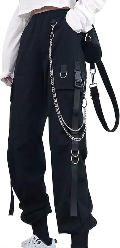 Kisswow Women's High Waisted Baggy Cargo Pants with Chain Pockets