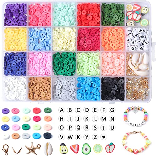 SONGIN 2500pcs Clay Beads for Bracelets Making, Polymer Clay Flat Round Spacer Beads Kits with Letter Fruit Beads Findings for Jewelry Making DIY Necklace Earring Making Supplies