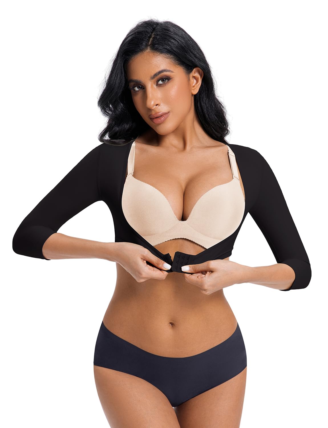 Moldeador de brazo superior para mujer, cierre frontal, manga de compresión posquirúrgica, mangas adelgazantes para busto abierto