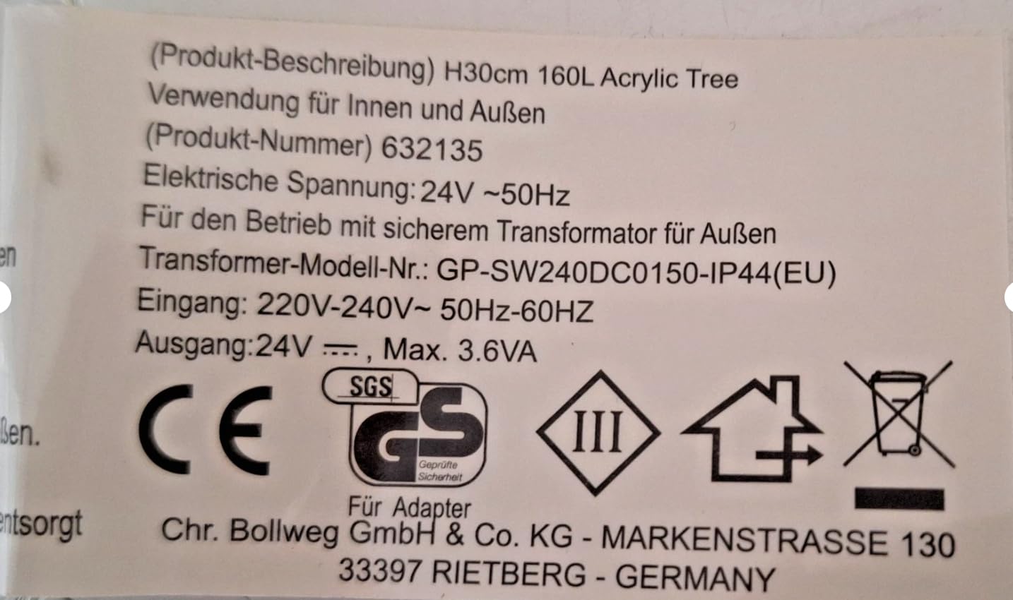 Formano Dekobaum 27x30cm mit 160 LED-Lichtern aus weissem Metall mit klarem Acryl-Rand veredelt IP 44 Adapter Weihnachten Deko für Indoor und Outdoor