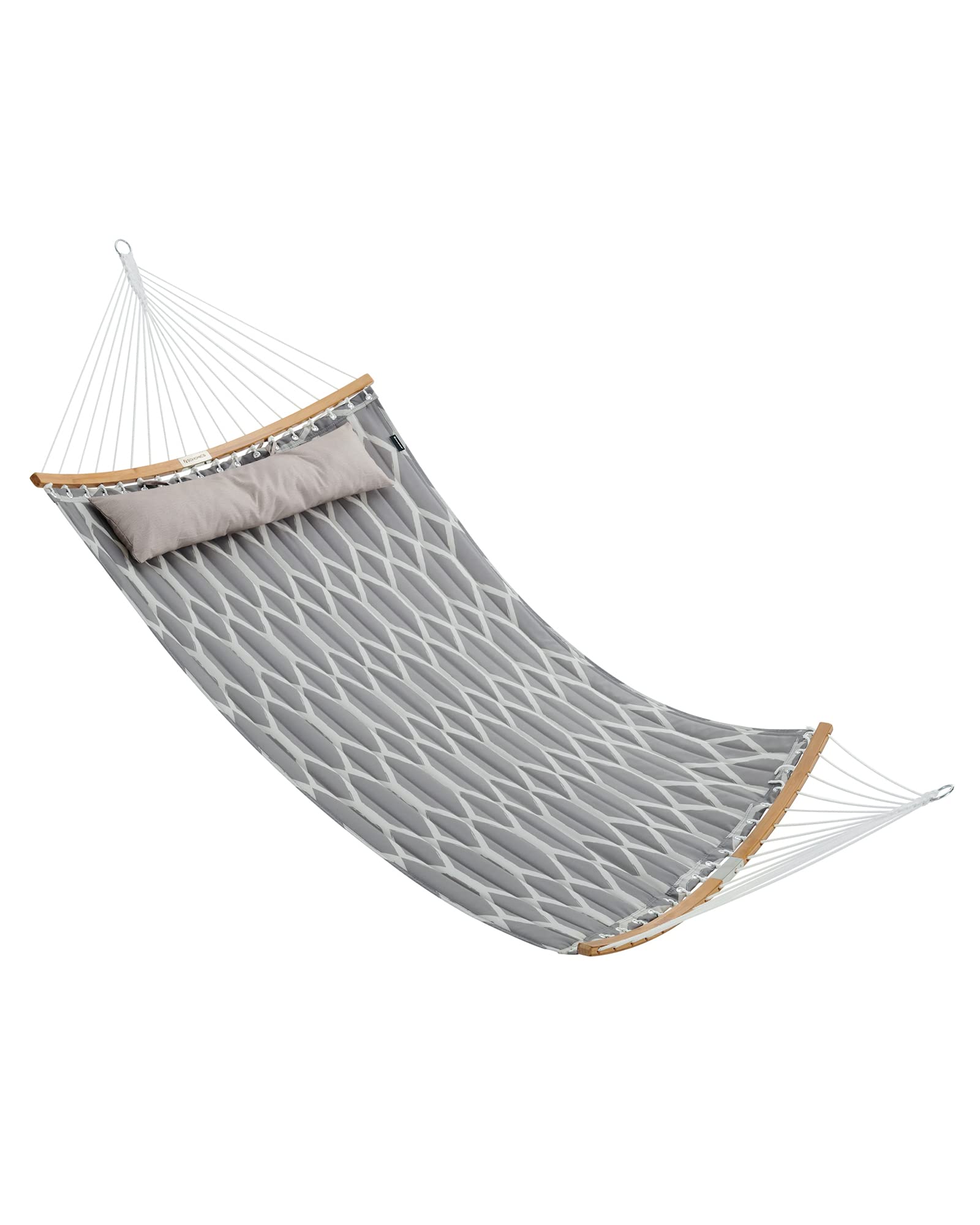 SONGMICS Hamak, hamak z tkaniny pikowanej z odpinanymi zakrzywionymi rozrzutnikami bambusowymi, poduszka 200 x 140 cm, nośność 225 kg, szary i beżowy romb GDC034G02
