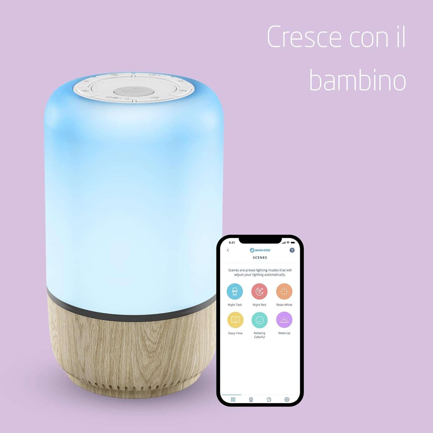 Maxi-Cosi Soothe Luce notturna intelligente per bambini con rumore bianco e musica, aiuta a sviluppare routine del sonno, attivabile con app o comando vocale, compatibile con Alexa e Google Home