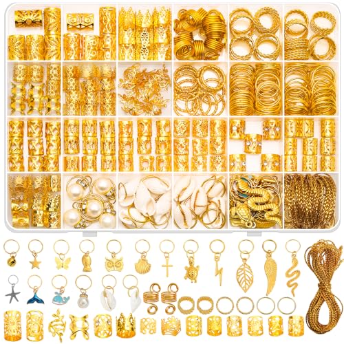 285PCS Gold Hair Jewelry for Braids, Gold Dreadlock Hair Accessories with Pendants Charms, Loc Jewelry for Hair Dreadlocks Rings Cuff Clips Charms for Braid Decoration