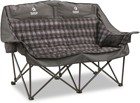 Guide Gear Oversized XL Padded Camping Sofa, Portable, Folding, Large Camp Lounge Couch for Outdoor, Adults, Men and Women, Heavy-Duty 600-lb. Capacity, with Cup Holder Gray Plaid