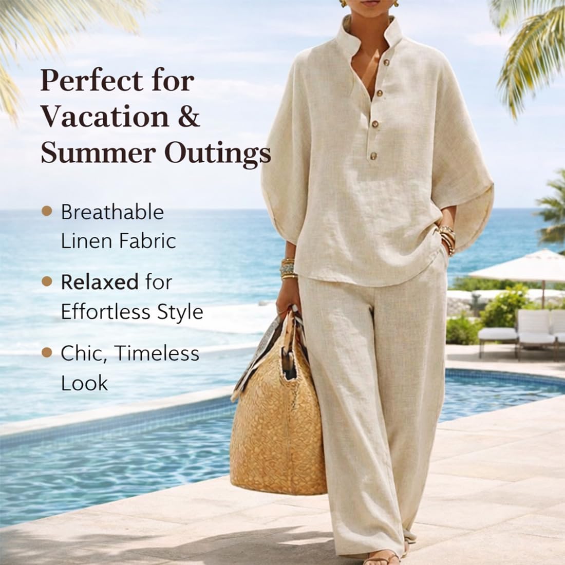 Set de Dos Piezas Verano Mujer Casual Conjunto de Vacaciones Lounge Set de Algodón Estilo Lino Ligero con Mangas Murciélago Cómodo
