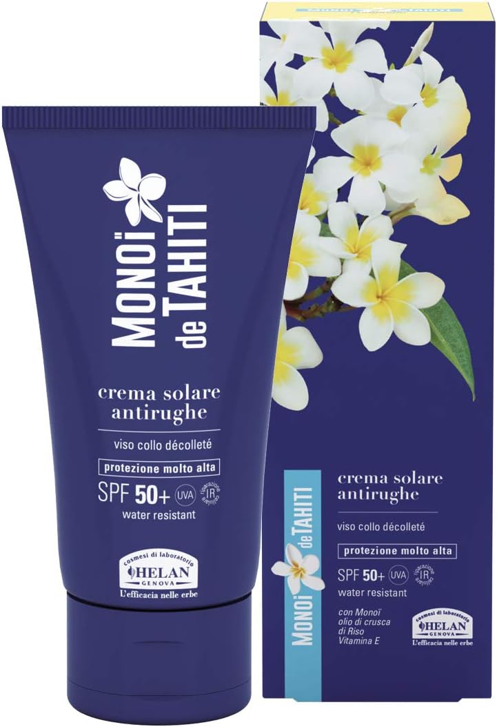 Helan, Monoi de Tahiti Zonnecrème, 50+, anti-rimpel, zonnebrandcrème 50+, zeer hoge SPF met vitamine E, waterbestendig, hydraterende gezichtscrème voor lichte huid, beschermt tegen zonnebrand, 75 ml
