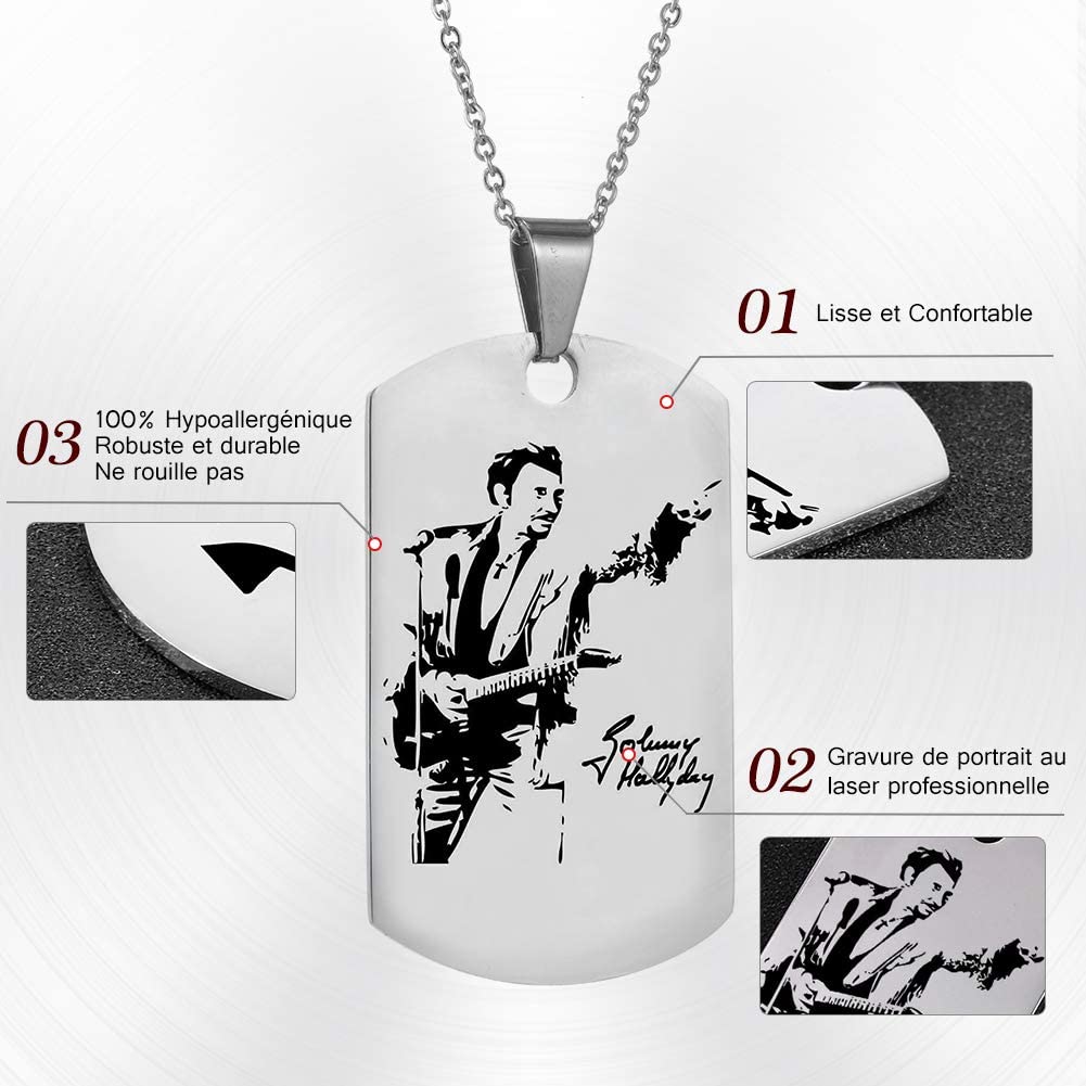 Johnny Hallyday Pendentif Collier Chaîne en Acier Inoxydable Bijoux Homme Cadeaux Souvenir Fan, Emballage de boîte Cadeau