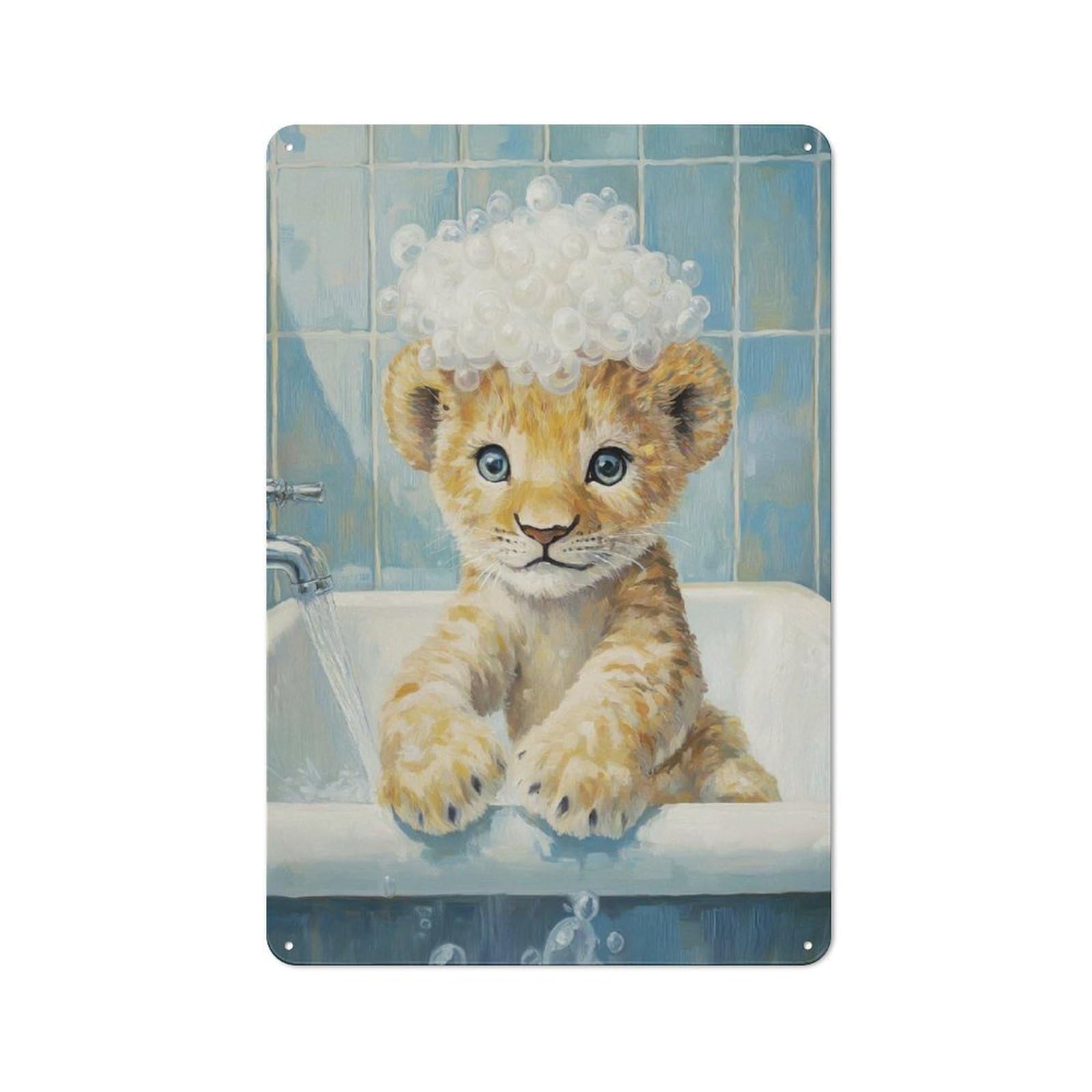Lion Cub Bath Time Industrial Metal Wall Decor 30x20cm, Tin Sign for Workshop, Basement, Shed Or Games Room