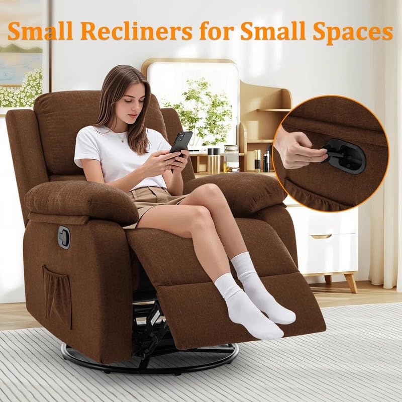 Image of Recliner Sofa 1 Seater | Manual Recliner, 360 Swivel Recliners for Small Spaces,Rocker Recliner with Side Pockets Chairs for Living Room, Bedroom, Nursery, Brown