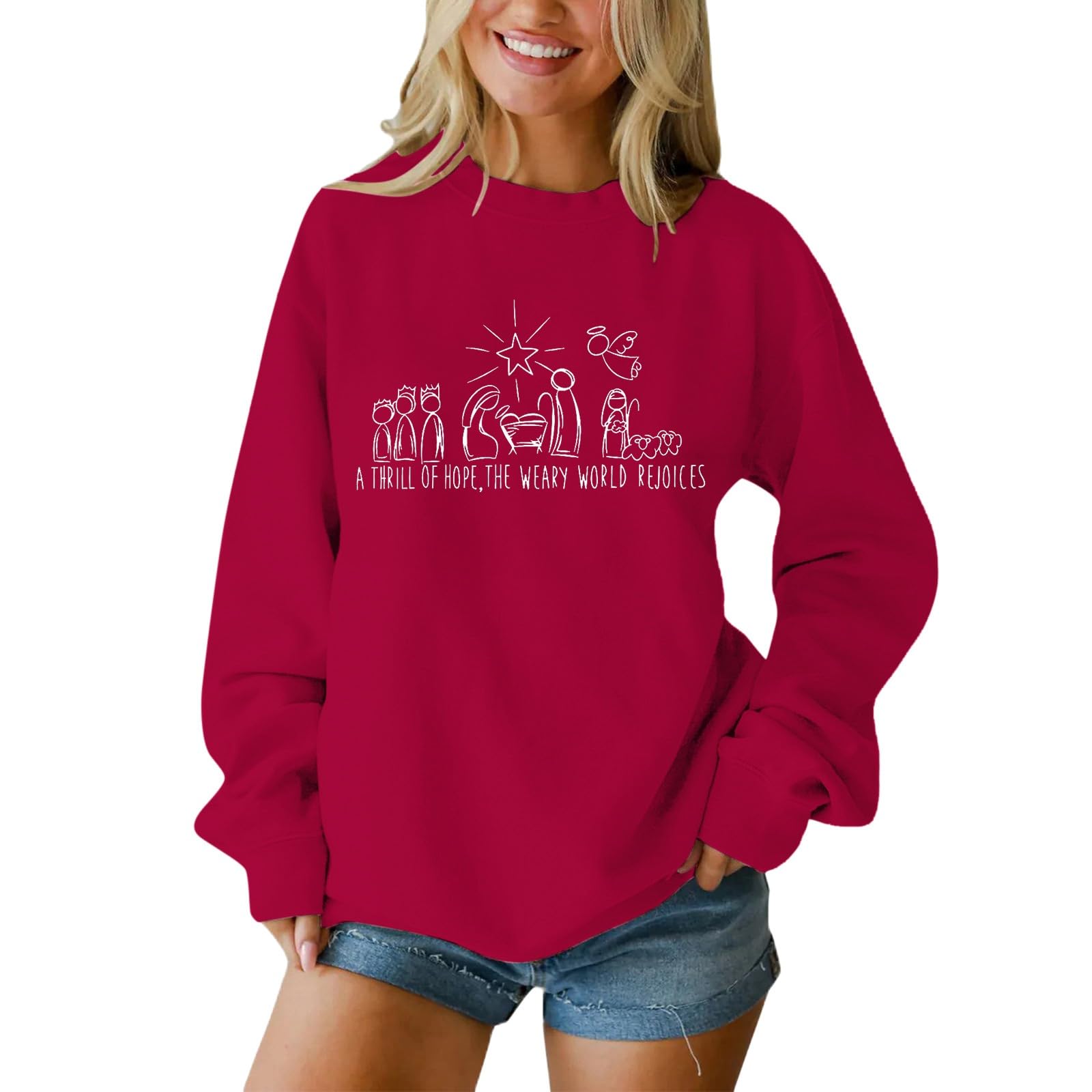 – Womens Christian Christmas Graphic Sweatshirts Religious Crewneck Pullover A Thrill of Hope Nativity Long Sleeve Top