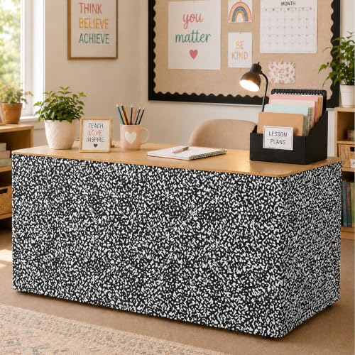 Image of 6FT Black and White Composition Table Skirt Teacher Desk Curtain Skirts for Classroom Decorations Rectangle Table Cover Skirt for Back to School Party Supplies Kindergarten Office Bookcase Cabinet