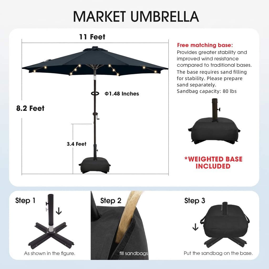 wikiwiki 11FT Solar Led Patio Umbrella with Base Included, 32 LED Lights, 8 Sturdy Ribs, Fade Resistant Waterproof POLYESTER DTY Canopy for Garden, Lawn, Deck, Backyard & Pool, Navy Blue