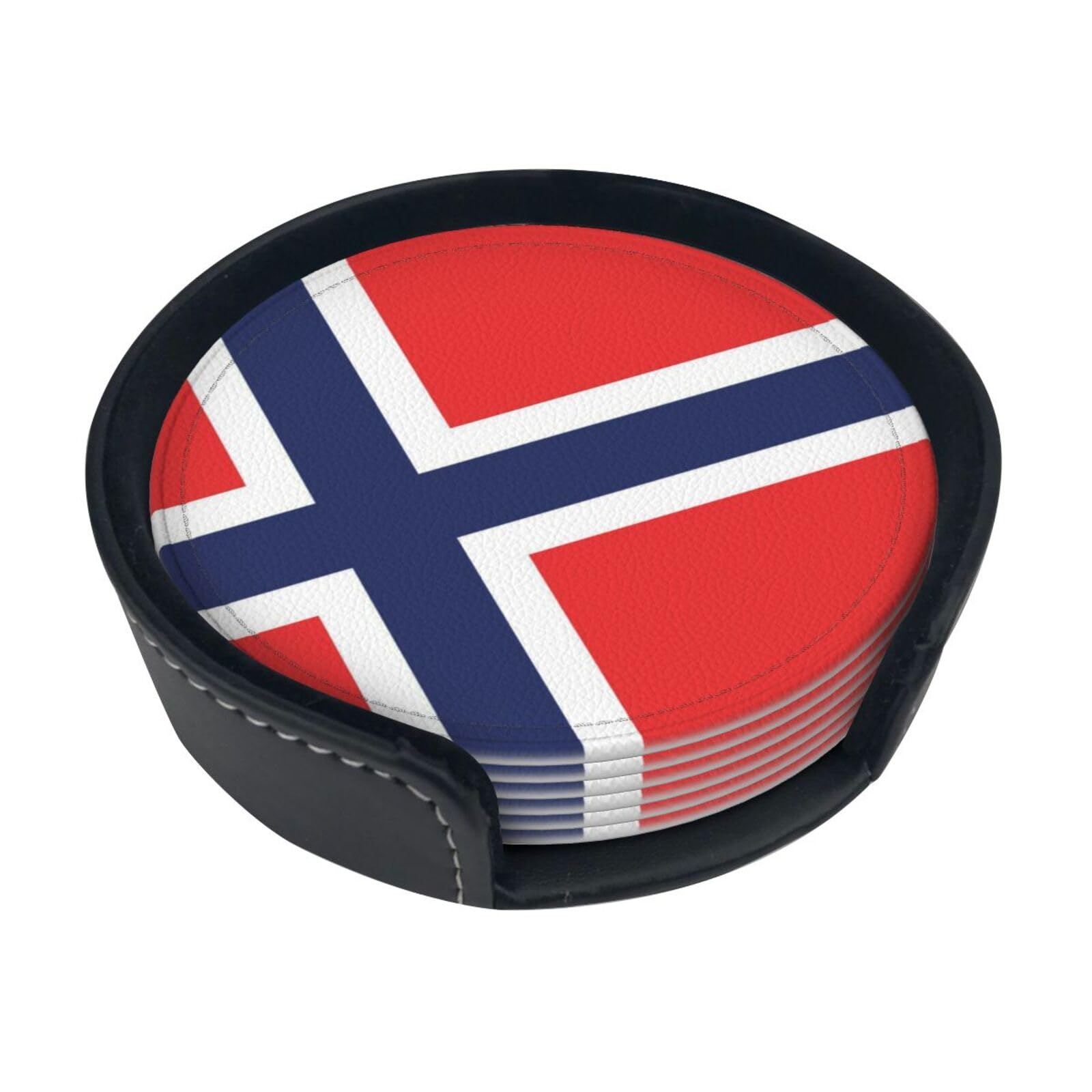 Flag of Norway Leather Coasters-Set of 6 with Storage Holder