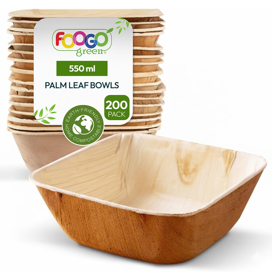 FOOGO Green 200 Bols Jetables Feuille de Palmier 13cm 550ml Carrés