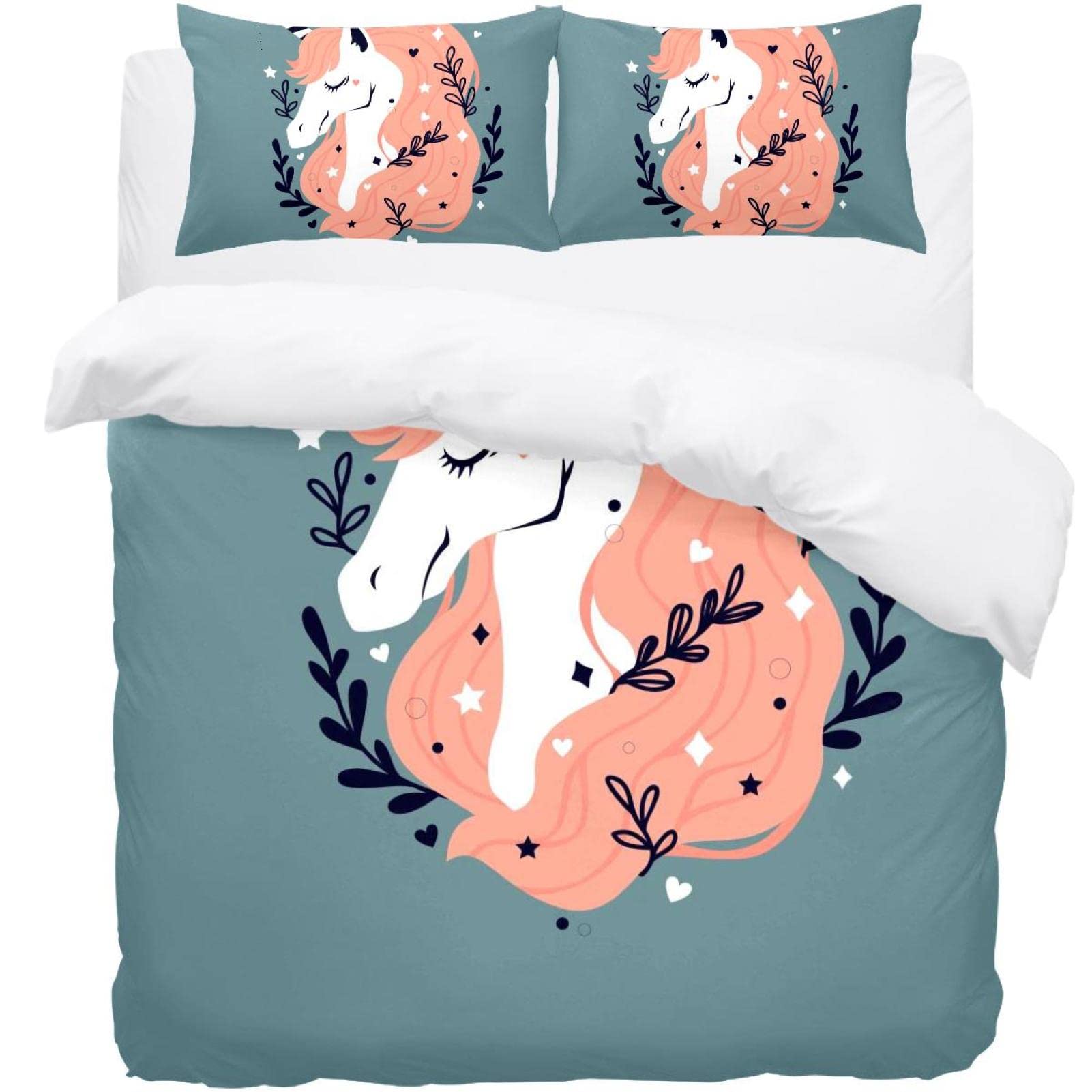 Housse de couette licorne florale avec 2 taies d'oreiller pour lit double et Queen size