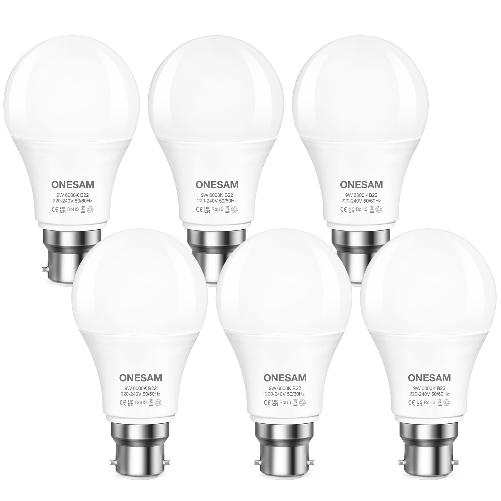 ONESAM Bayonet Light Bulb 60w Equivalent,Cool White 6000K B22 LED Bulb,9W 830LM Energy Saving Lightbulbs Bayonet,A60 GLS LED Bulbs,220-240V,Non-dimmable,Pack of 6