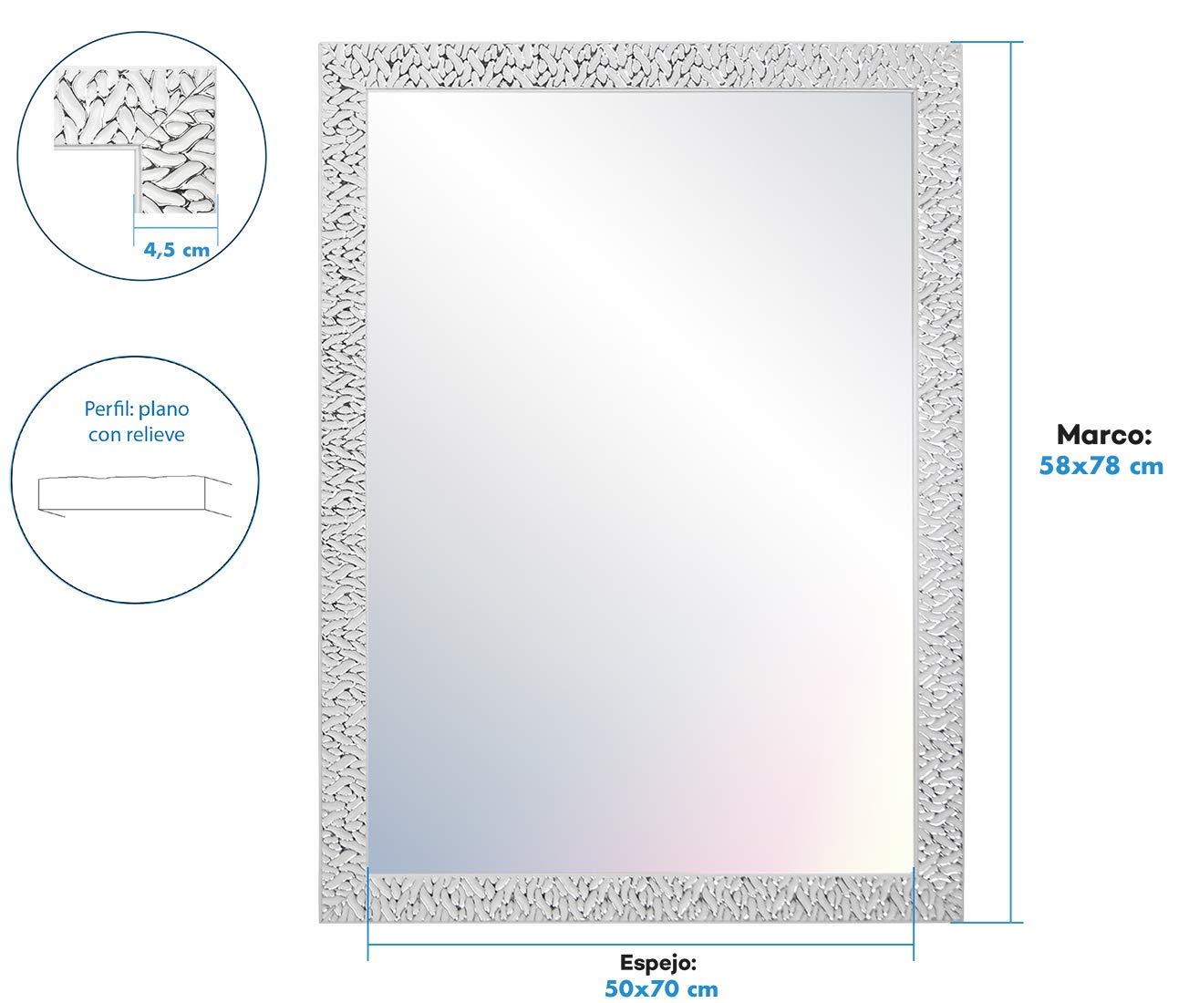 CHELY INTERMARKET MOD156 Espejo De Pared Cuerpo Entero Blanco Raya Plateado Estilo Decorativo 50x70cm Rectangular Marco Relieve Perfil Plano para Salón Dormitorio Oficina Fabricado En España