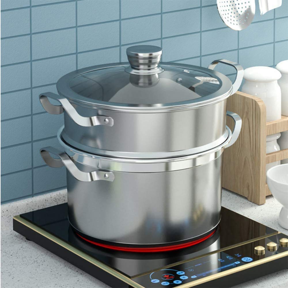 Cuiseur Vapeur 3 Étagères En Acier Inoxydable 28 Cm - Professionnel, Avec Couvercle En Verre Trempé - Pour Légumes, Poisson, Boulettes