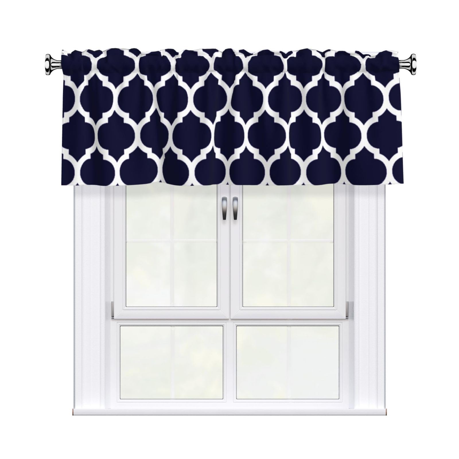 Poadnly Modern Navy Blue Moroccan Geometric,Windows Curtain Valances,Curtain Topper Valance for Living Room 54x18 in