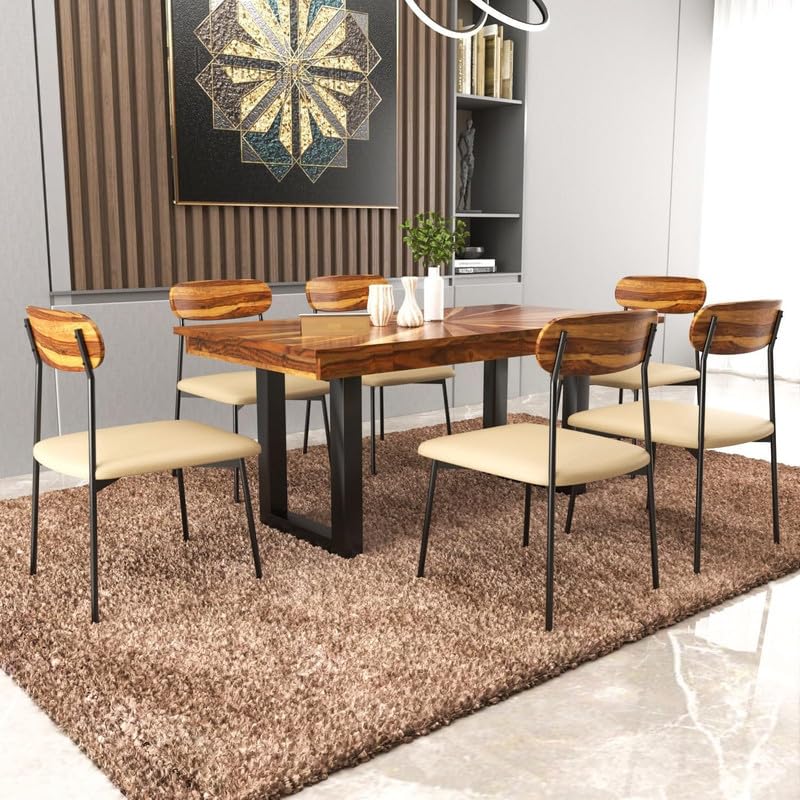 HITHOS Floresta Solid Wood 6 Seater Dining Table Set with Four Cushion Chairs and Dinner Table for Dinning Room Home Hotel and Office (Honey-Cream Cushion)