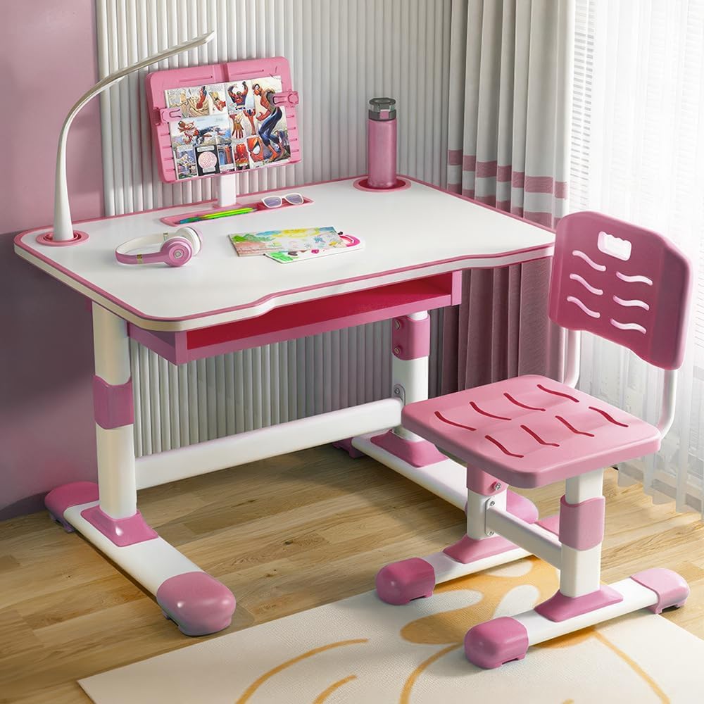 StarAndDaisy Kids Functional Desk and Chair Set, Height Adjustable Children School Study Table with, Bookholder Slot, LED Lamp, Storage for Boys Girls 4-12 Years. Doodle Board (K80-Pink)