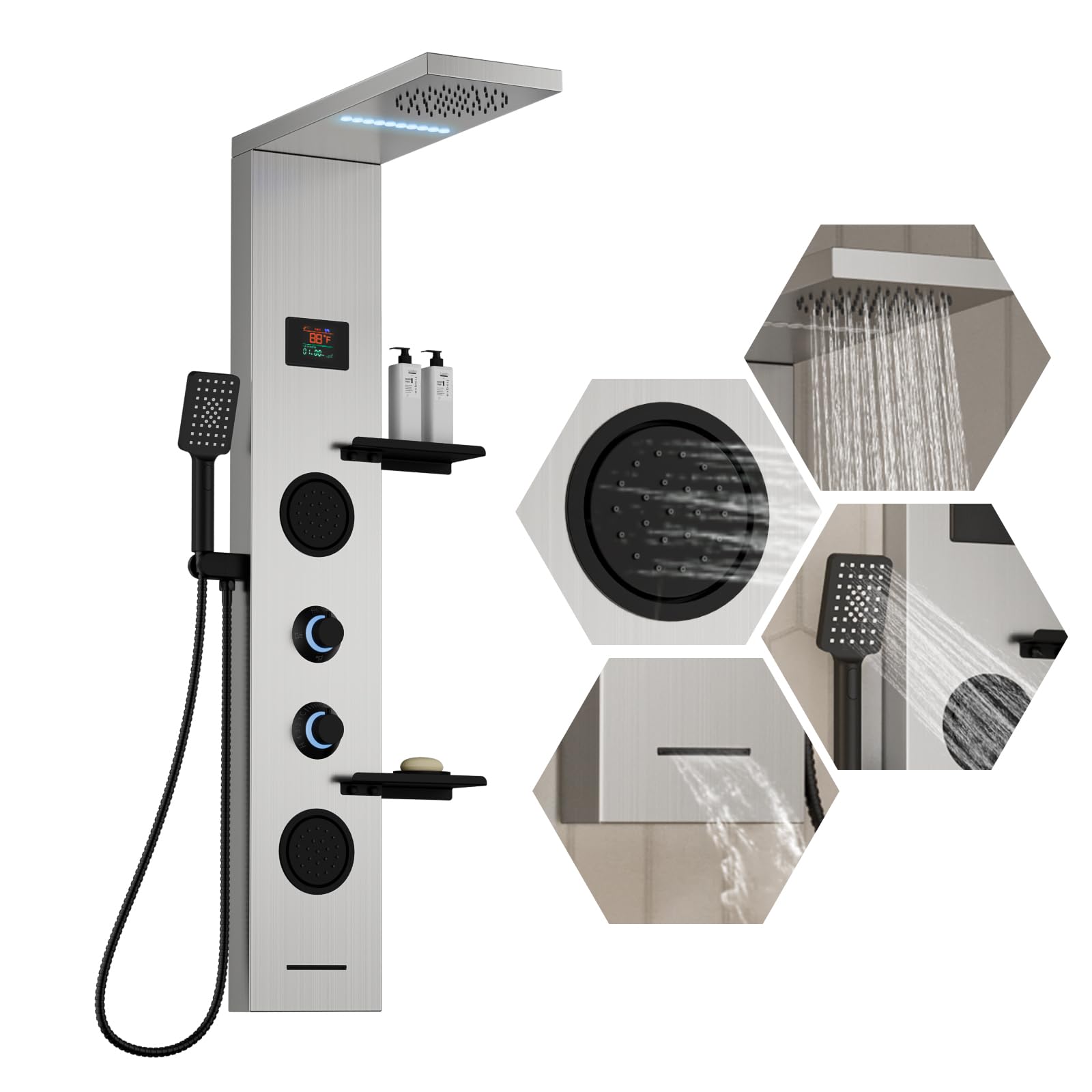 Homevacious 4 In 1 Shower Panel System with Shelf Brushed Nickel