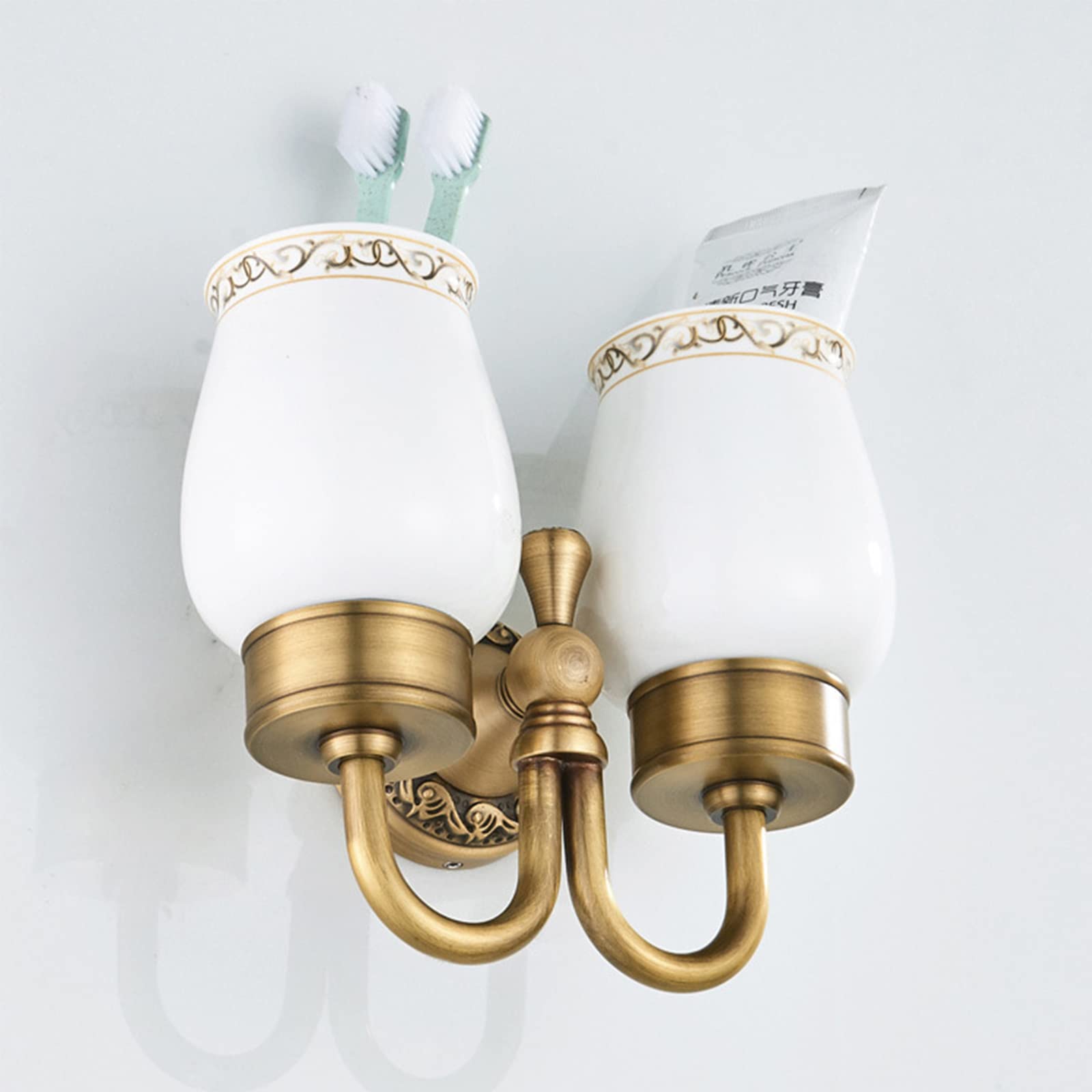 Soporte para Cepillo De Dientes, Cepillo De Dientes De Latón Retro con 2 Tazas De Cerámica, Soporte para Taza De Cepillo De Dientes De Baño Montado En La Pared para Accesorios De Baño