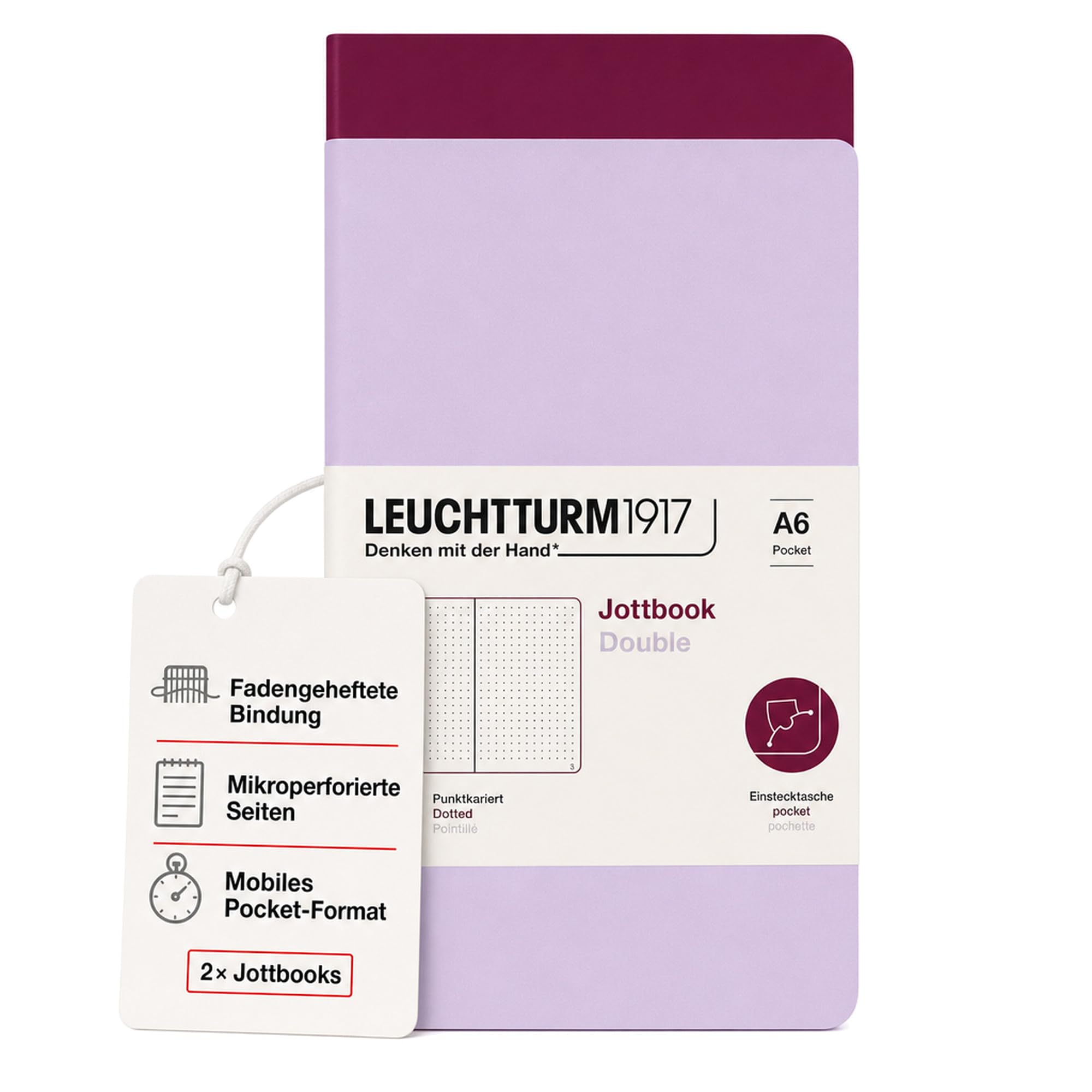 LEUCHTTURM1917 368190 Jottbook (A6), 59 Numbered Pages, Dotted, Lilac and Port Red, Pack of 2 โ image 1