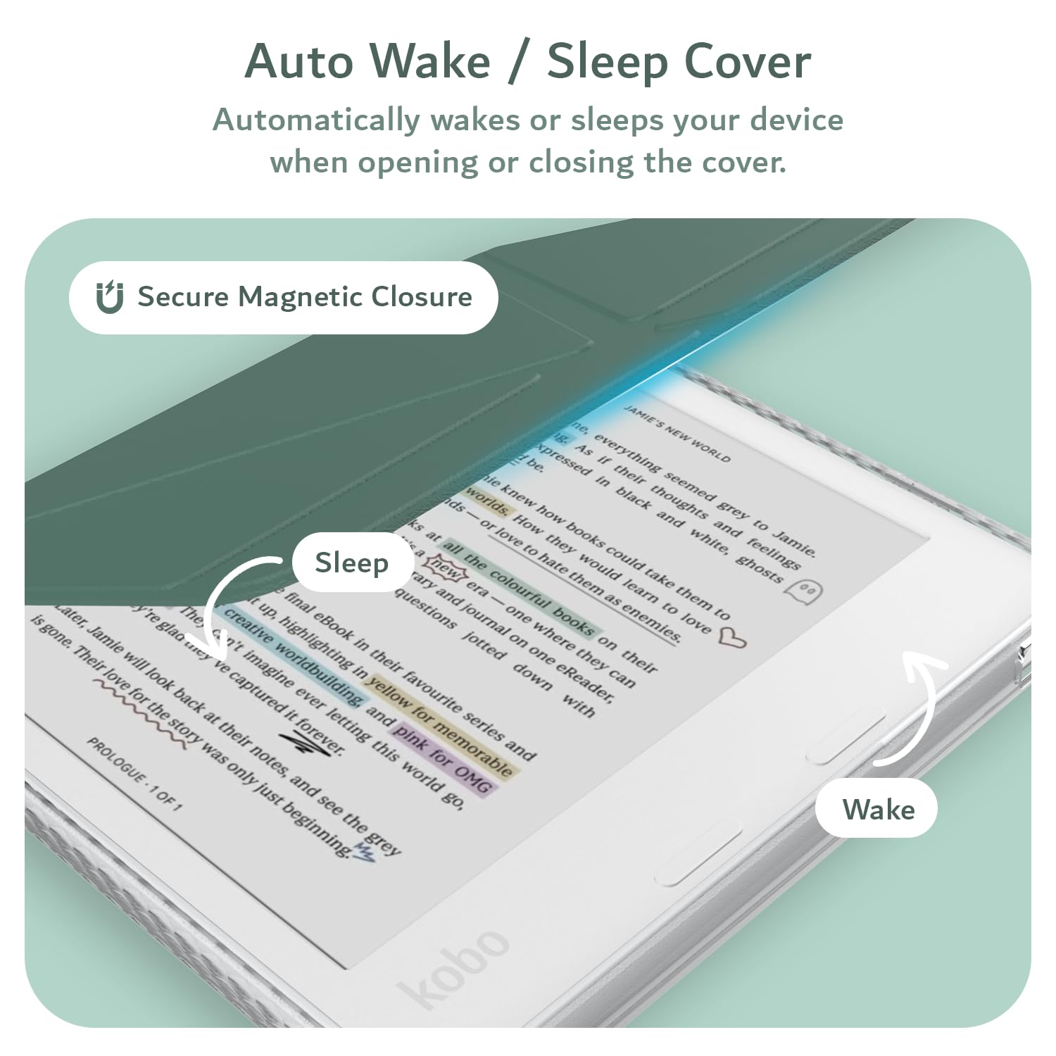TUDIA M-FLIP Detachable Clear Magnetic Case for Kobo Libra Colour (2024) - [Auto Wake/Sleep] Shockproof Slim Transparent Back Magnetic Fold Cover with Stylus Holder (Dark Green) - 5