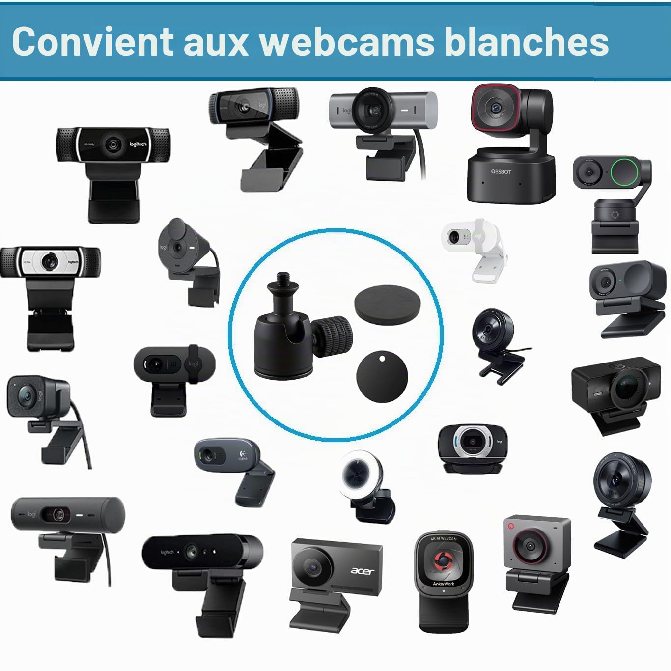 Support magnétique pour webcam Logitech Brio 100, 300, 500, Brio 4K, C270, C310