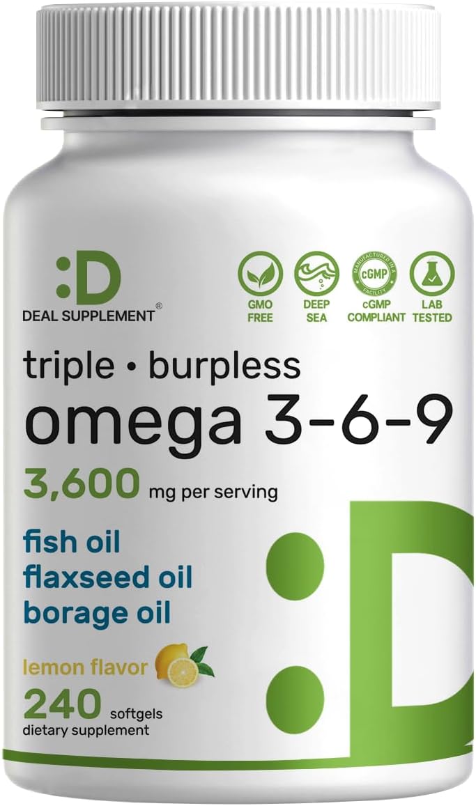 Triple Omega 3-6-9 Fish Oil Supplements 3,600mg – 240 Softgels with Flaxseed Oil & Borage Oils Complex – High EPA + DHA – Burpless Pills, Lemon Flavored, Wild Caught – Heart, Joint, & Brain Support