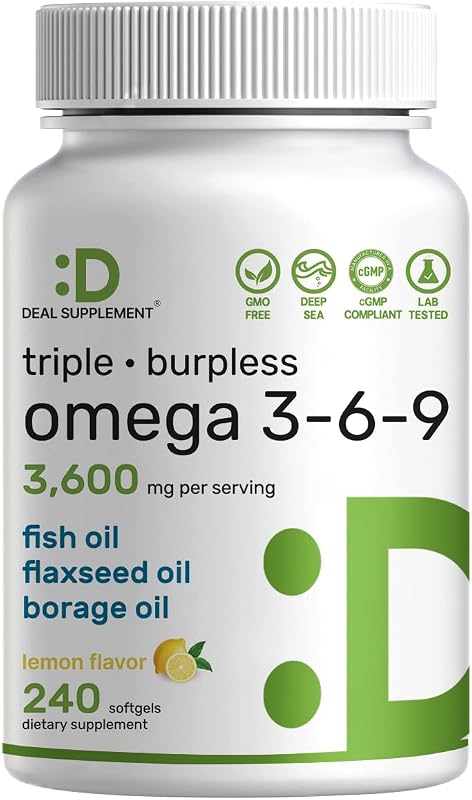 Triple Omega 3-6-9 Fish Oil Supplements 3,600mg – 240 Softgels with Flaxseed Oil & Borage Oils Complex – High EPA + DHA – Burpless Pills, Lemon Flavored, Wild Caught – Heart, Joint, & Brain Support