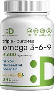 Triple Omega 3-6-9 Fish Oil Supplements 3,600mg – 240 Softgels with Flaxseed and Borage Oils – Heart, Joint, & Brain Support