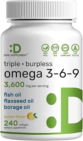 Triple Omega 3-6-9 Fish Oil Supplements 3, 600mg – 240 Softgels with Flaxseed Oil & Borage Oils Complex – High EPA + DHA – Burpless Pills, Lemon Flavored, Wild Caught – Heart, Joint, & Brain Support