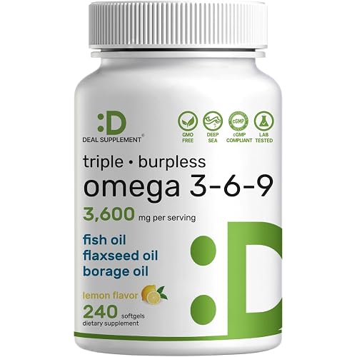 Triple Omega 3-6-9 Fish Oil Supplements 3,600mg – 240 Softgels with Flaxseed Oil & Borage Oils Complex – High EPA + DHA – Burpless Pills, Lemon Flavored, Wild Caught – Heart, Joint, & Brain Support