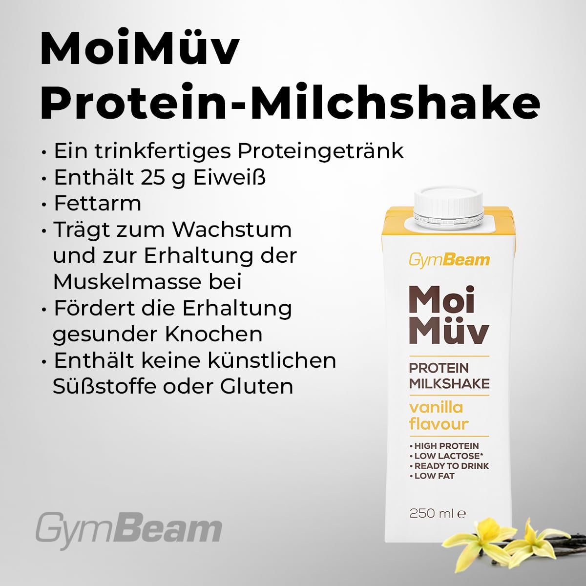 GymBeam MoiMüv Protein Milchshake - Protein Shake mit 25 g Eiweiß, fettarm, niedriger Laktosegehalt, ohne künstliche Süßstoffe, fördert Muskelwachstum (250 ml (18er pack), Vanille)