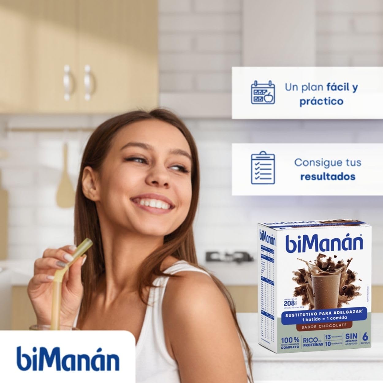biManán - Batido de Chocolate, Batidos Sustitutivos de Comidas para Adelgazar, Bajos en Calorías, Ayudan a Perder y Controlar el Peso, con Proteínas, Vitaminas y Minerales - 6 x 50 g: 300 g