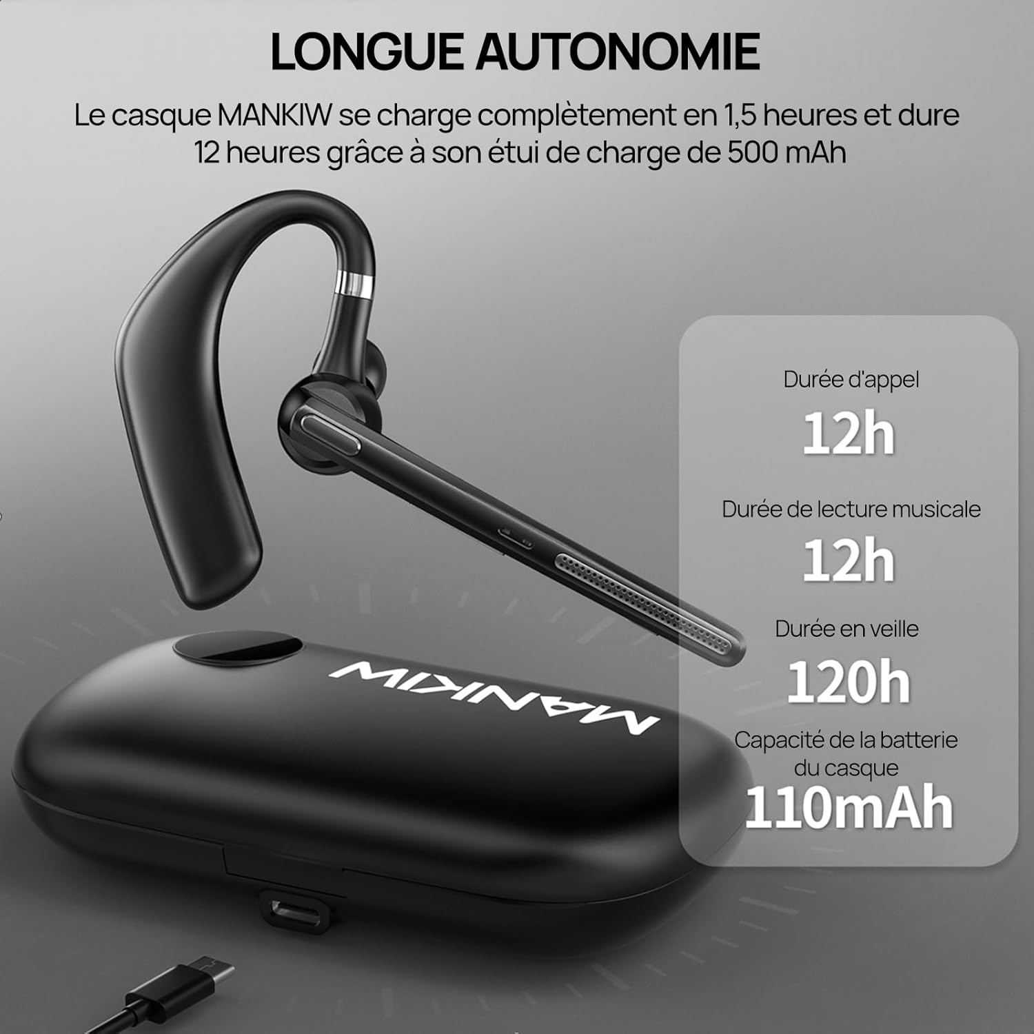 MANKIW G10 Bluetooth Headset and charging case showing battery life indicators.