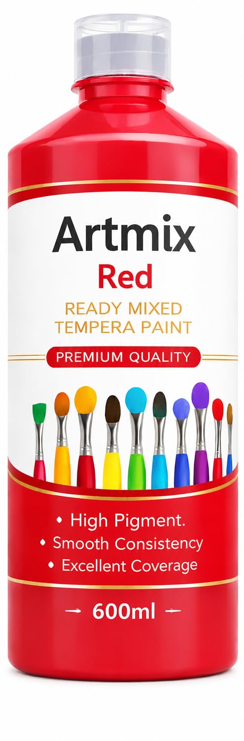 The Glowhouse Artmix Tempera Paint 600ml – Ready Mixed High Pigment Paint – Smooth, Fast Drying, Excellent Coverage – Ideal for Schools, Crafts, Artists & Hobby Use (Red)