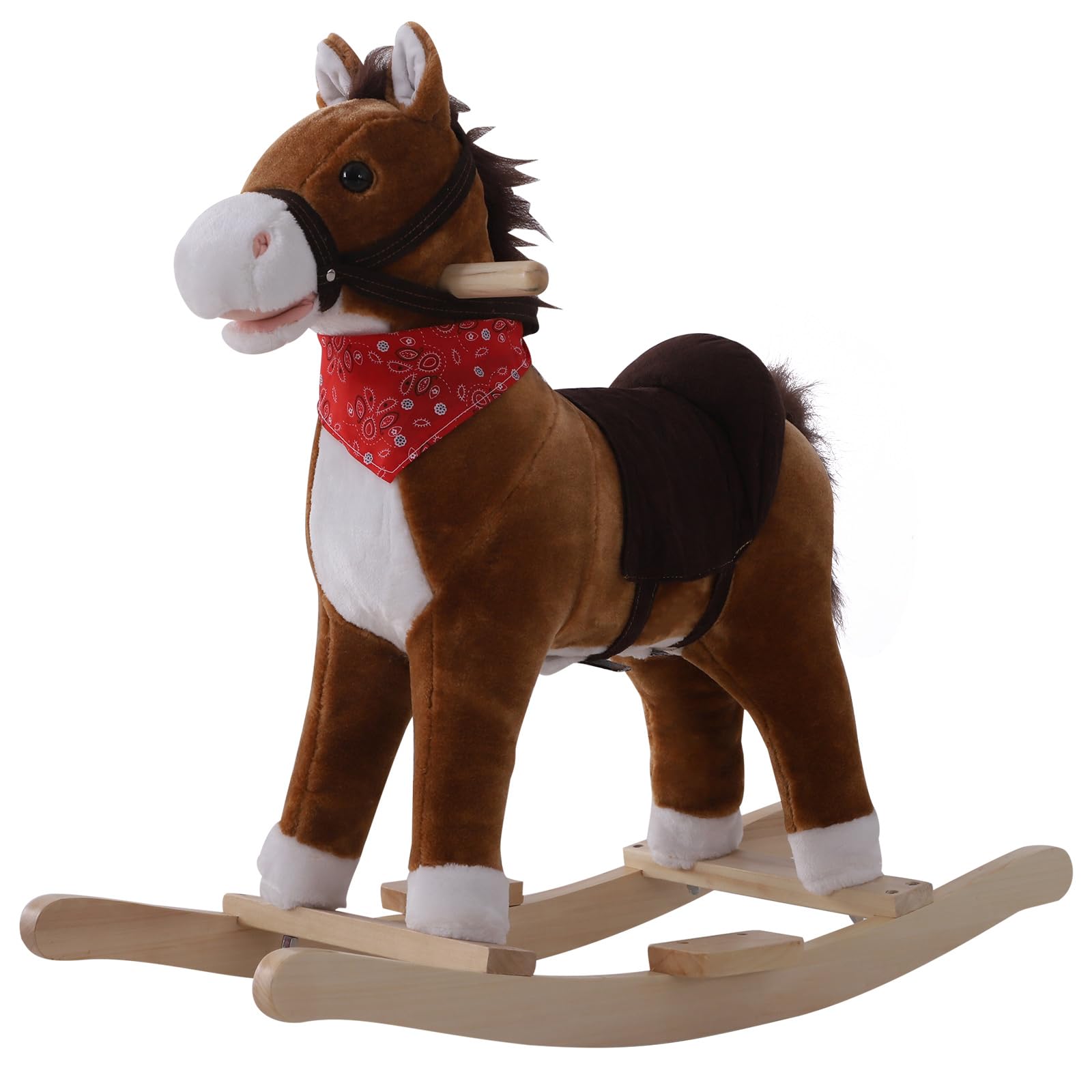 QabaKids Ride on Rocking Horse Plush Toy with Realistic Sounds and Red Scarf for Over 3 Years Old Birth Gift