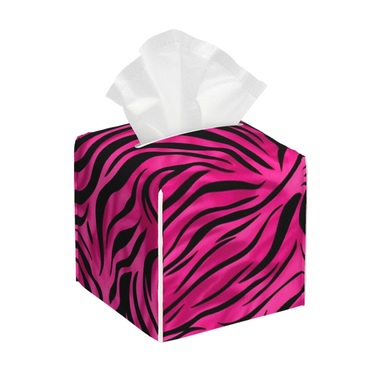 Tissue Box Cover Deep Pink Zebra Print Square PU Leather Tissue Box Holder for Car Bathroom Bedroom Desk Tabletop Decor