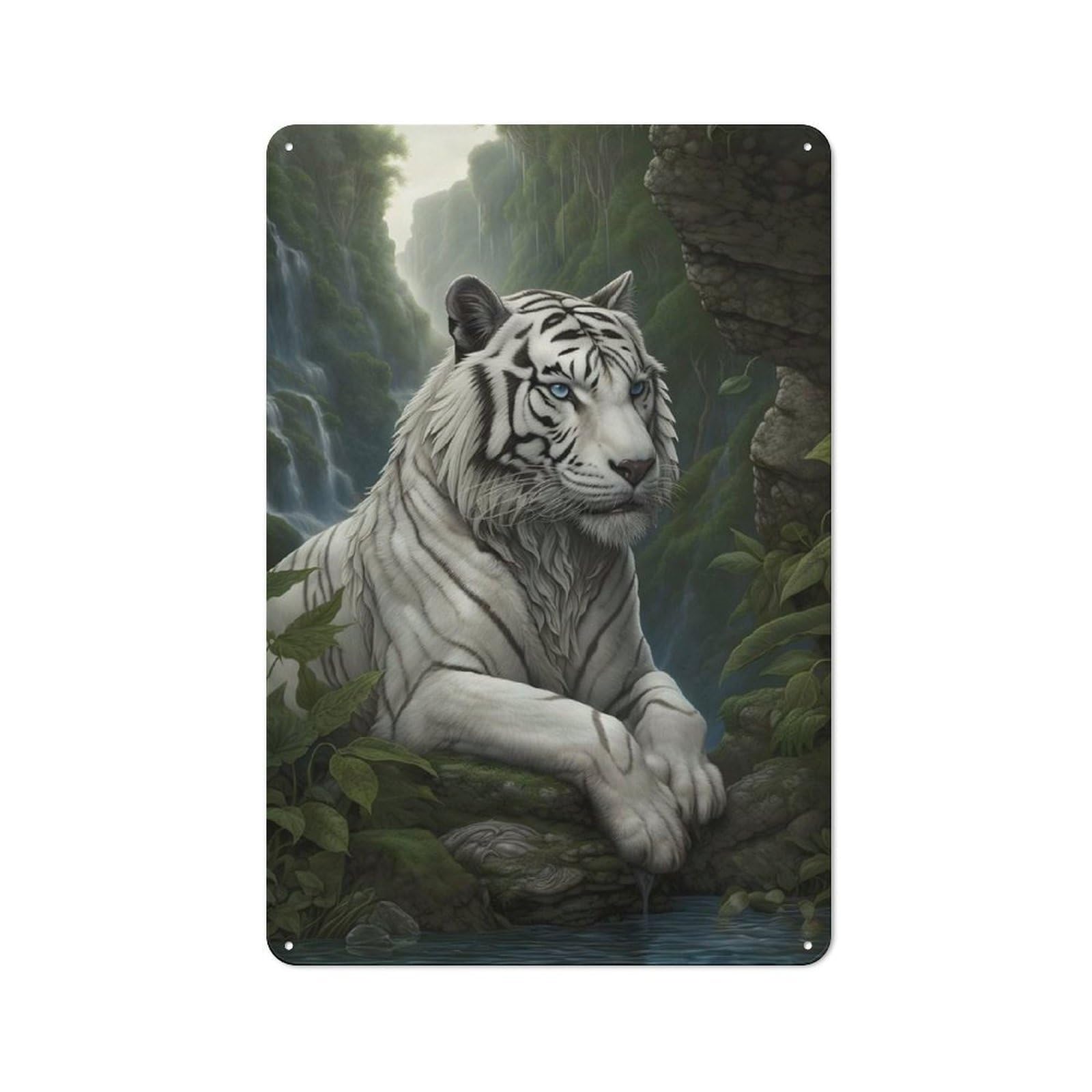 Metal Wall Sign 30x20cm Featuring Majestic White Tiger for Living Room Wall, for Feature Wall Decorators